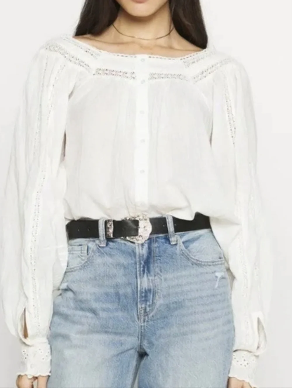 FREE PEOPLE White Cream Cotton Blouse Lace Eyelet Reversible XS